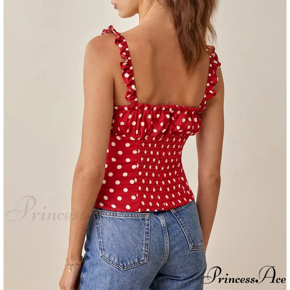 Dotted Square Neck Bow Sleeveless Frill Strap Shirred Fitted Seductive Crop Top - Image 2