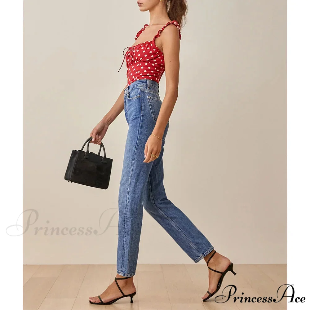 Dotted Square Neck Bow Sleeveless Frill Strap Shirred Fitted Seductive Crop Top - Image 3