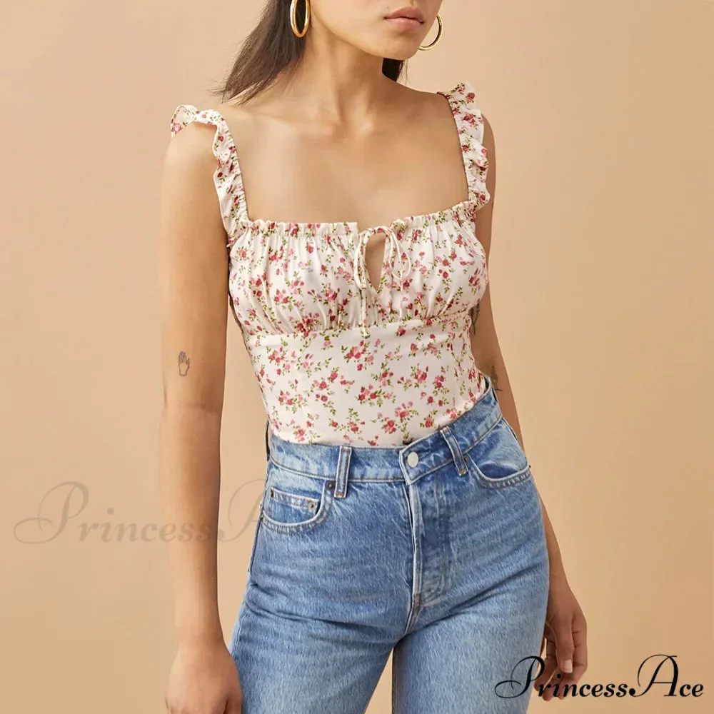Dotted Square Neck Bow Sleeveless Frill Strap Shirred Fitted Seductive Crop Top - Image 4