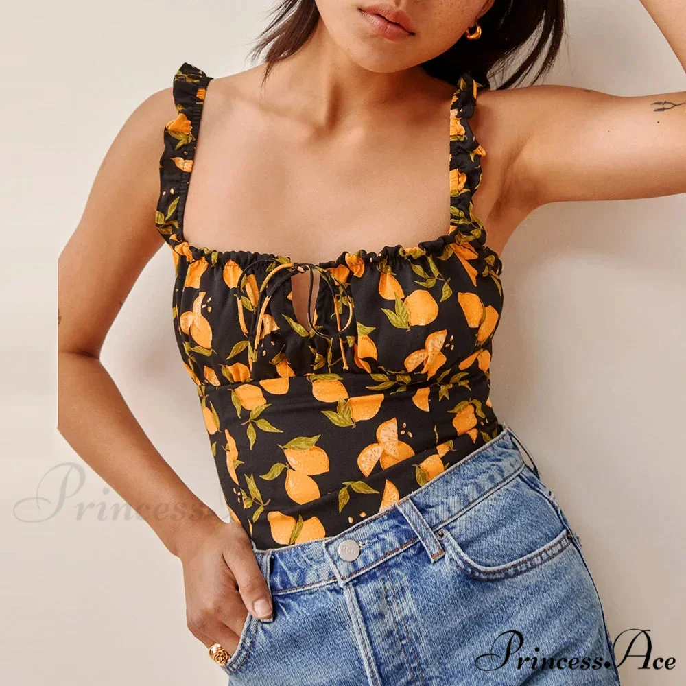 Dotted Square Neck Bow Sleeveless Frill Strap Shirred Fitted Seductive Crop Top - Image 5