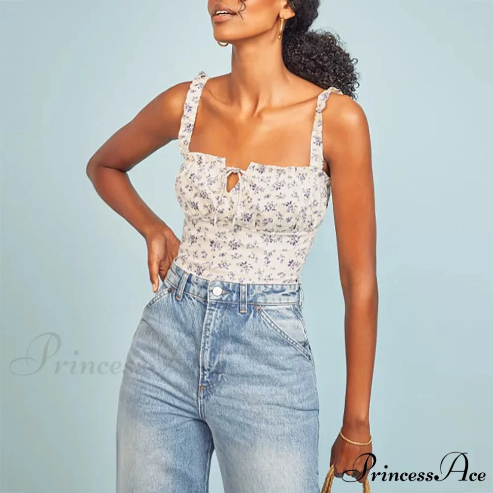 Dotted Square Neck Bow Sleeveless Frill Strap Shirred Fitted Seductive Crop Top - Image 6
