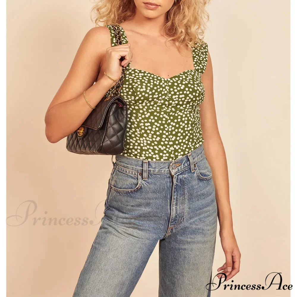 Dotted Sweetheart Neck Shirred Sleeveless Fitted Crop Top - Image 2