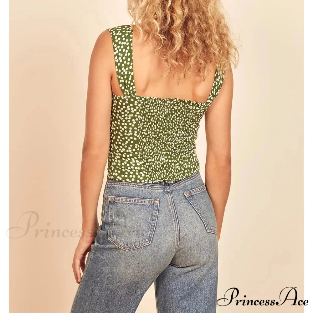 Dotted Sweetheart Neck Shirred Sleeveless Fitted Crop Top - Image 3