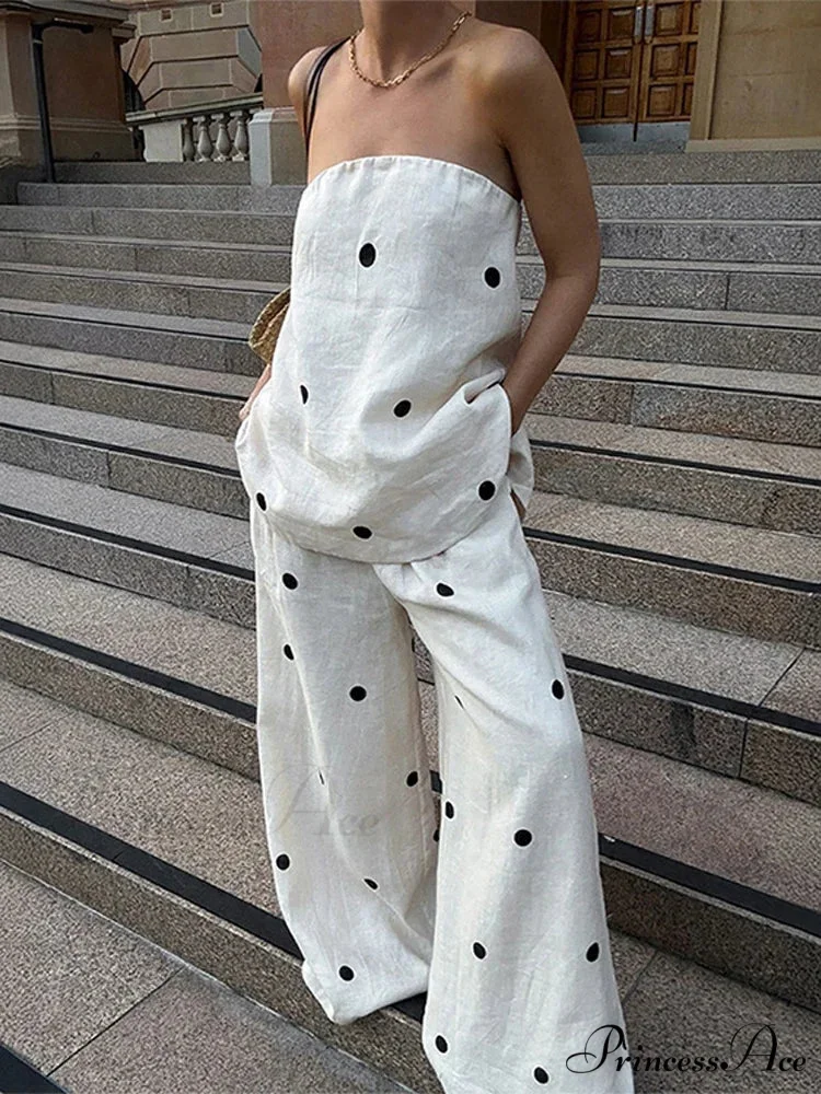 Dotted Tube Top Baggy Trousers Office Two Piece Set - Image 2