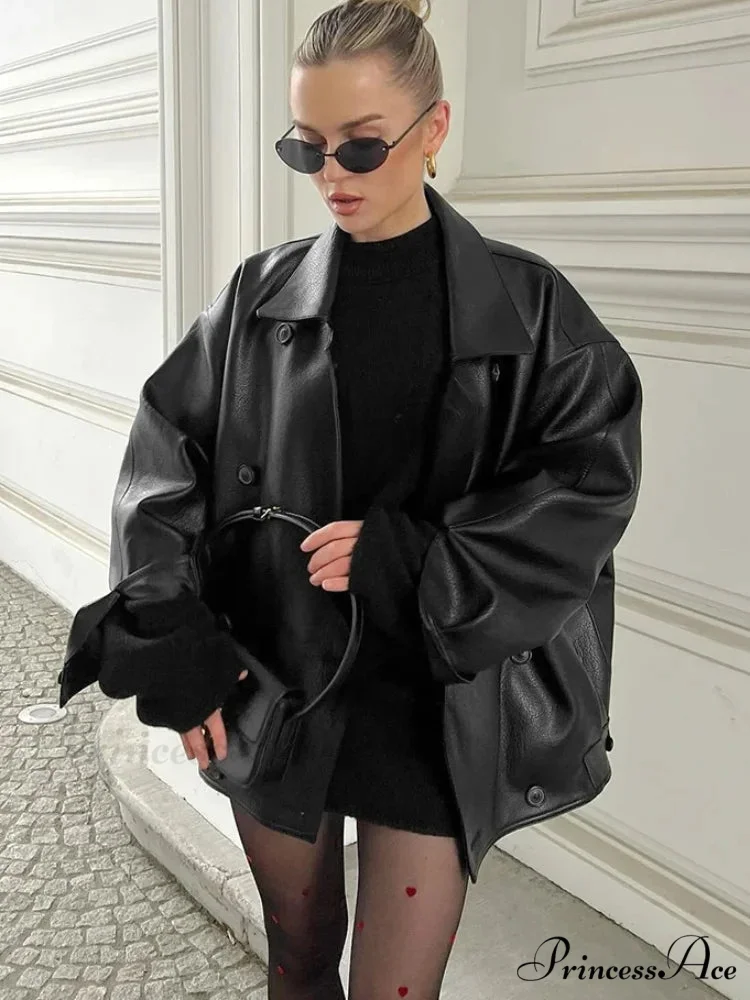 Dual Breasted Ebony Collar Leather Coat - Image 2