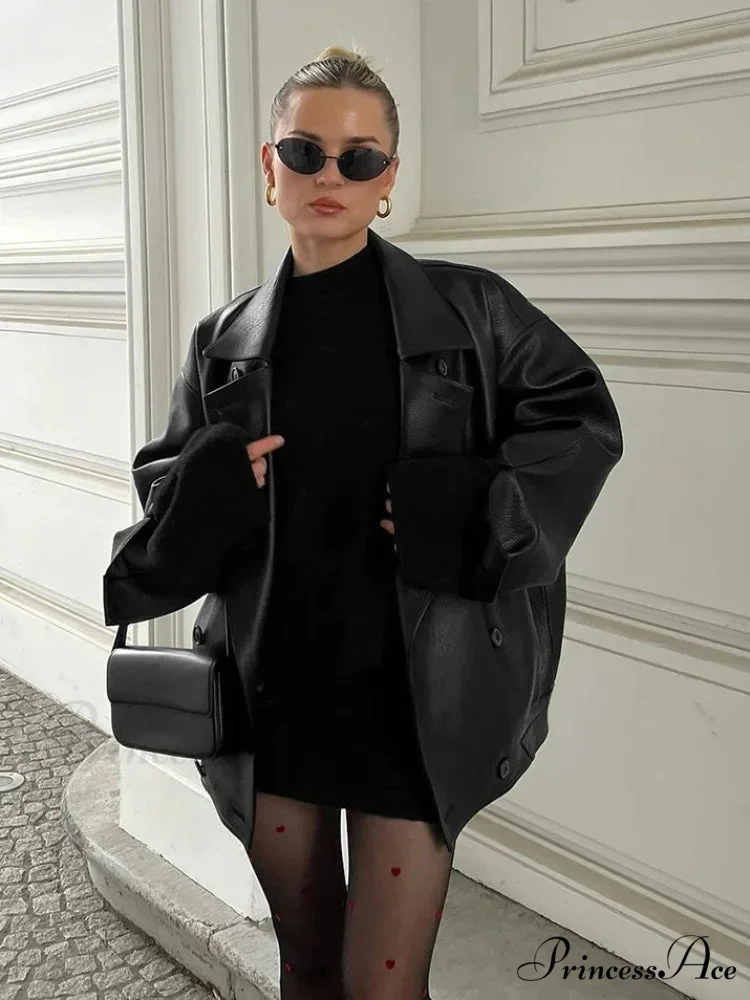 Dual Breasted Ebony Collar Leather Coat - Image 3