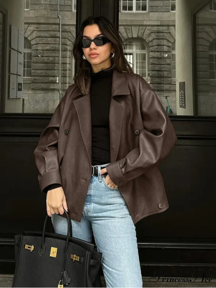 Dual Breasted Ebony Collar Leather Coat - Image 4