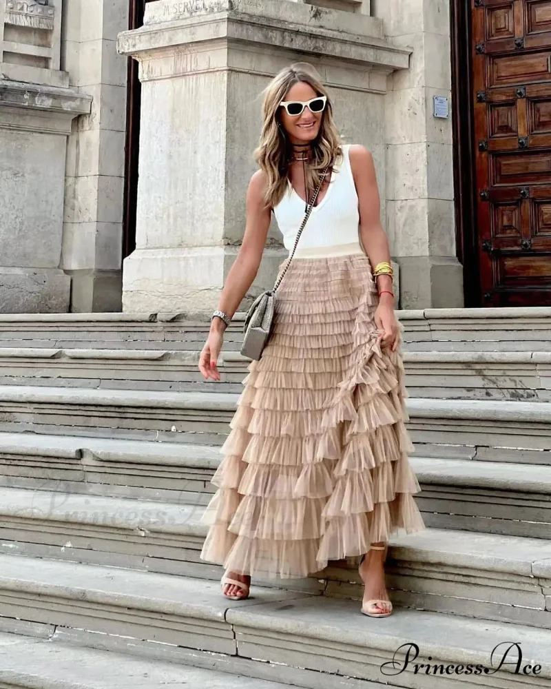 Durable Ball Gown Tall Waist Folded Mesh Dating Maxi Skirt - Image 2