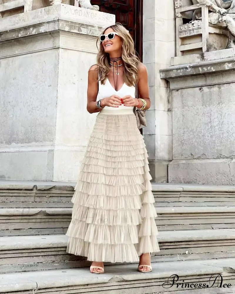 Durable Ball Gown Tall Waist Folded Mesh Dating Maxi Skirt - Image 5