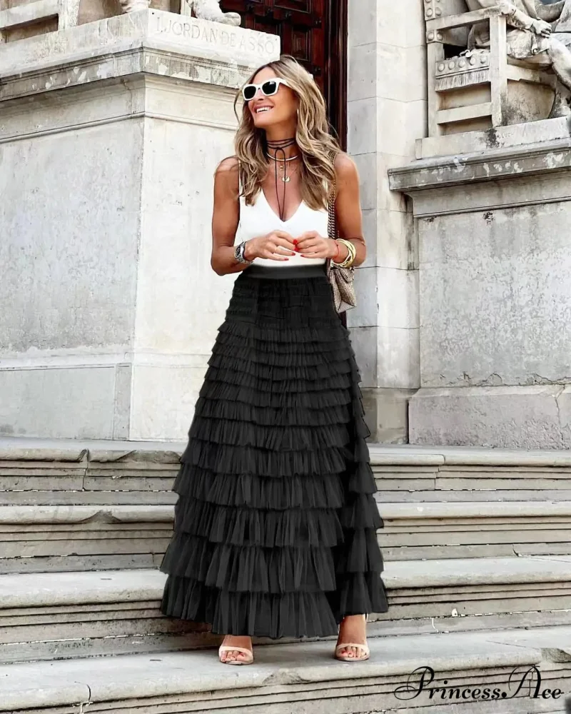 Durable Ball Gown Tall Waist Folded Mesh Dating Maxi Skirt - Image 6