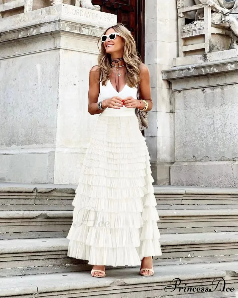 Durable Ball Gown Tall Waist Folded Mesh Dating Maxi Skirt - Image 7