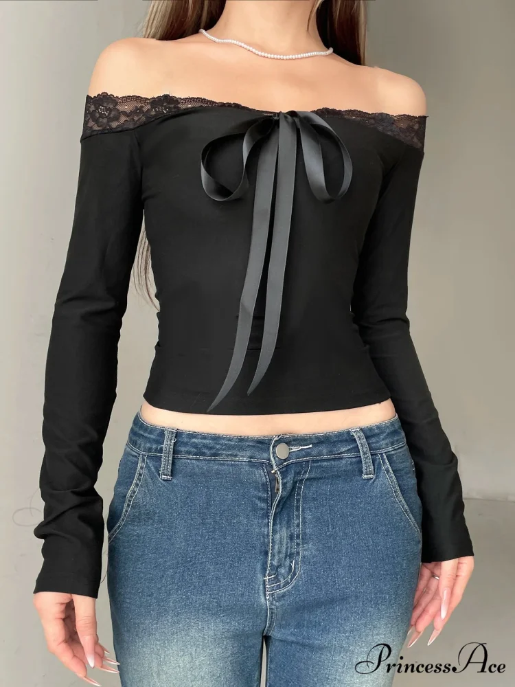 Durable Bow Patchwork Lace Slash Neck Extended Sleeve Knit Top - Image 3