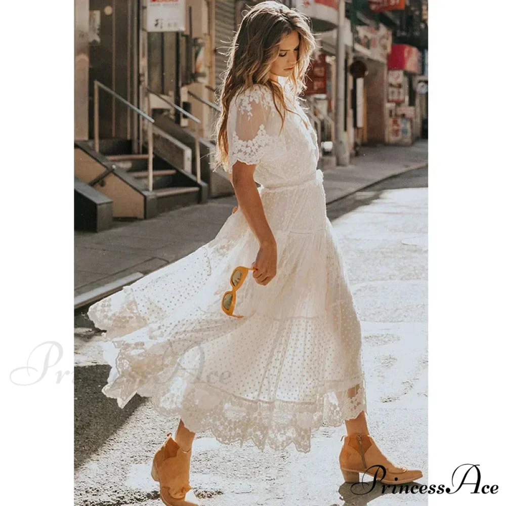 Durable Lace Short Sleeve V-neck Long Boho Dress - Image 2