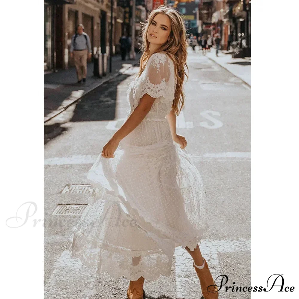 Durable Lace Short Sleeve V-neck Long Boho Dress - Image 3