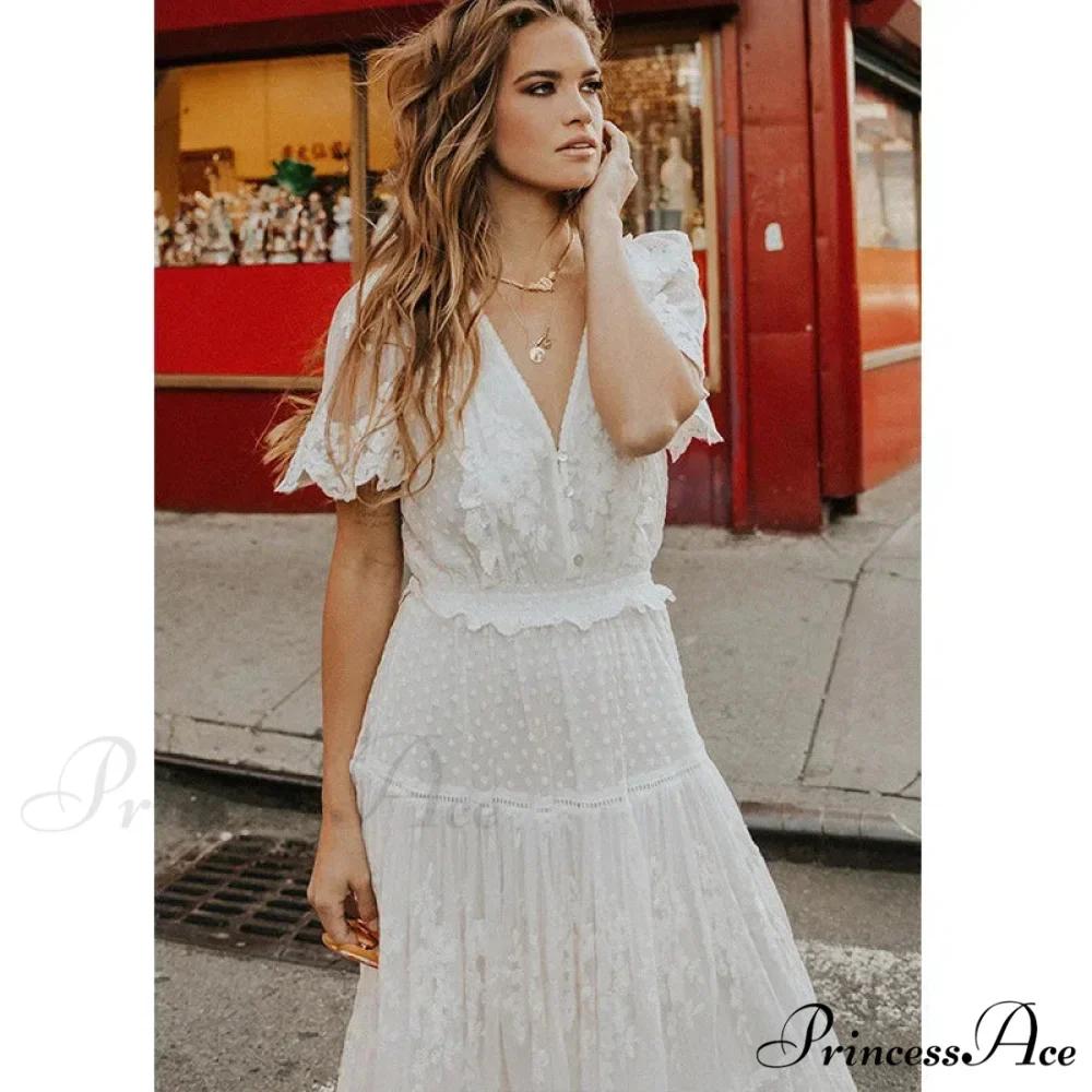 Durable Lace Short Sleeve V-neck Long Boho Dress - Image 4
