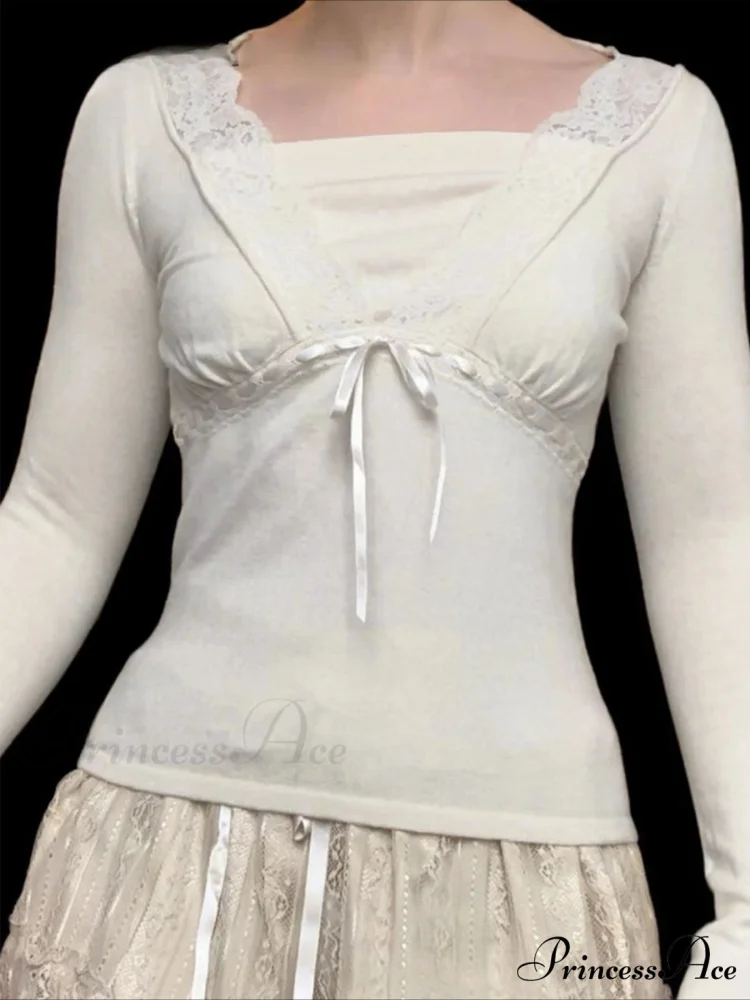 Durable Lace Trim Plunging Neckline Slim Fitted Long Sleeve Knit Top