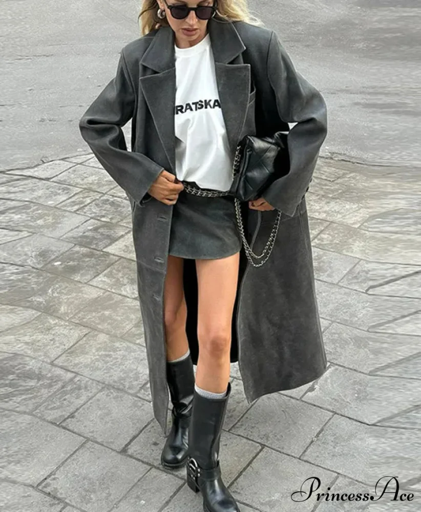 Durable Leather Collar Single-Button Overcoat - Image 2