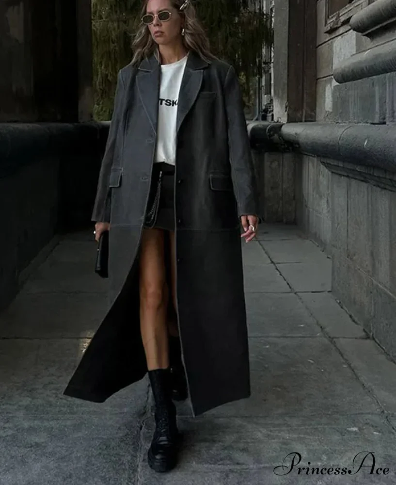 Durable Leather Collar Single-Button Overcoat - Image 3