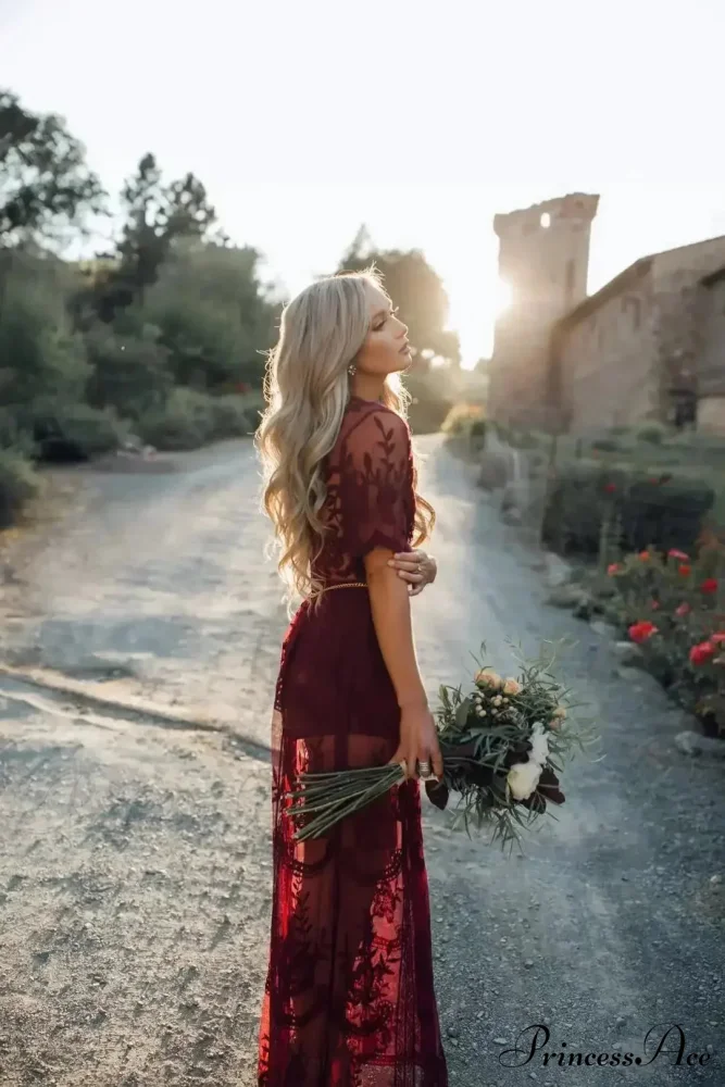 Durable Short Sleeve Lace V-neck Loose Maxi Boho Dress - Image 3