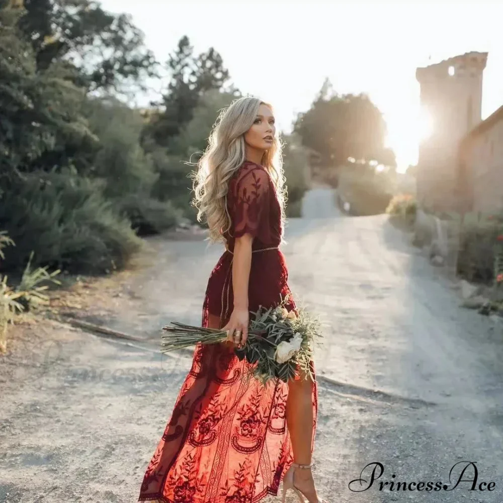 Durable Short Sleeve Lace V-neck Loose Maxi Boho Dress - Image 4