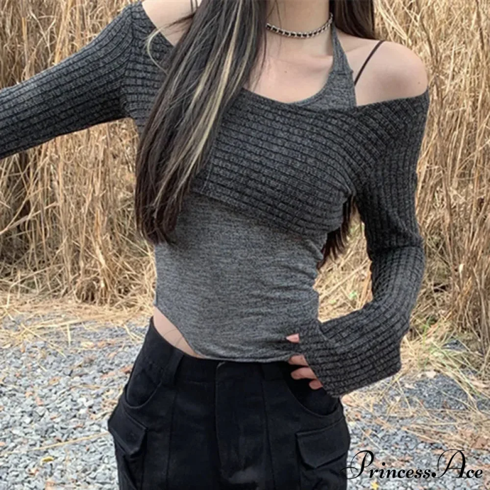Durable Tank Fasten-Up Halter Open-Back Long Sleeve Knit Top - Image 2