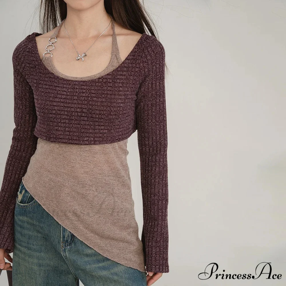 Durable Tank Fasten-Up Halter Open-Back Long Sleeve Knit Top - Image 6