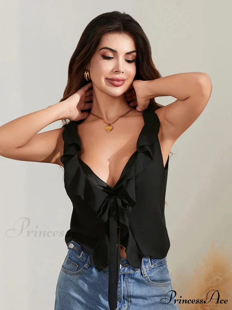 Durable Tie Front Sleeveless Frill Trim Deep V Crop Top - Image 4
