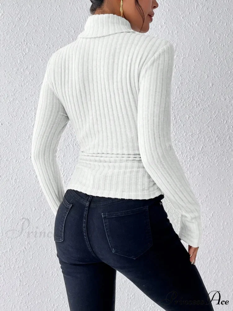 Dynamic Monochromatic High-Collar Trim-Fit Long Sleeve Top Women - Image 2
