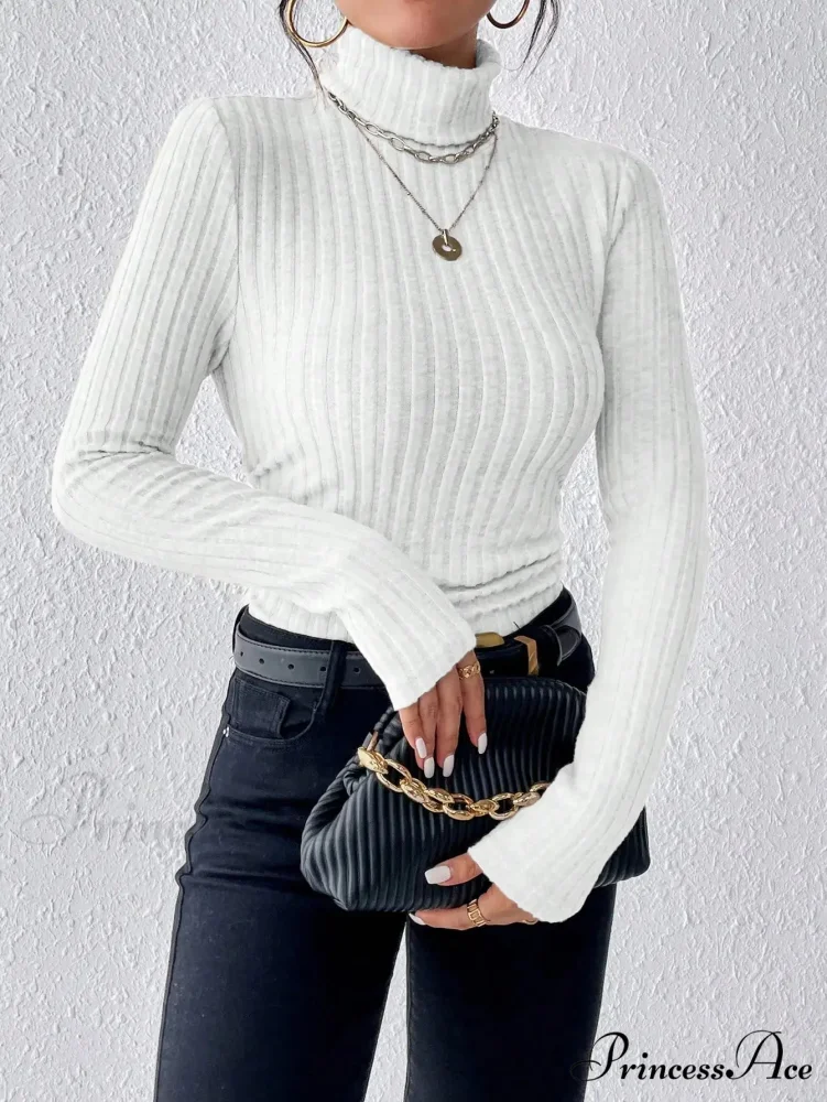 Dynamic Monochromatic High-Collar Trim-Fit Long Sleeve Top Women - Image 3