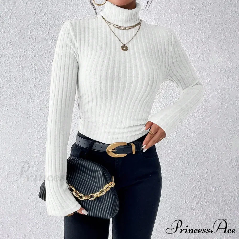 Dynamic Monochromatic High-Collar Trim-Fit Long Sleeve Top Women - Image 4