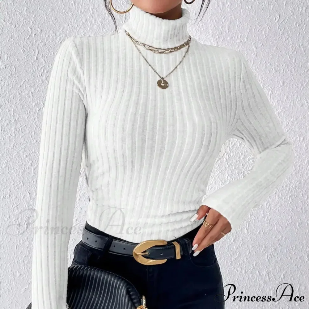 Dynamic Monochromatic High-Collar Trim-Fit Long Sleeve Top Women - Image 5