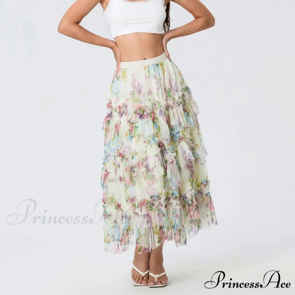 Early Autumn Floral Pattern Frill Mesh Skirt Women A-line Midi - Image 2