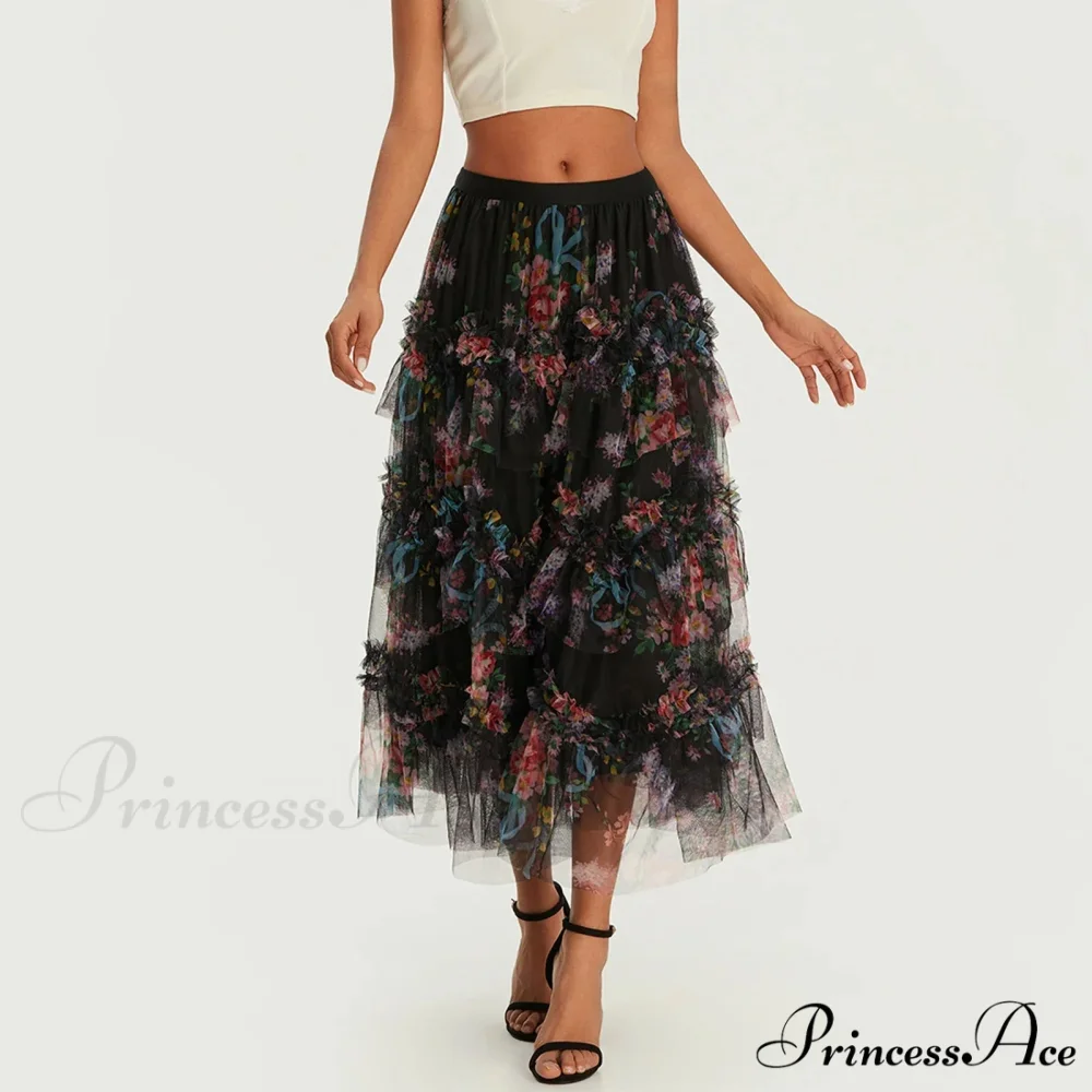 Early Autumn Floral Pattern Frill Mesh Skirt Women A-line Midi - Image 3