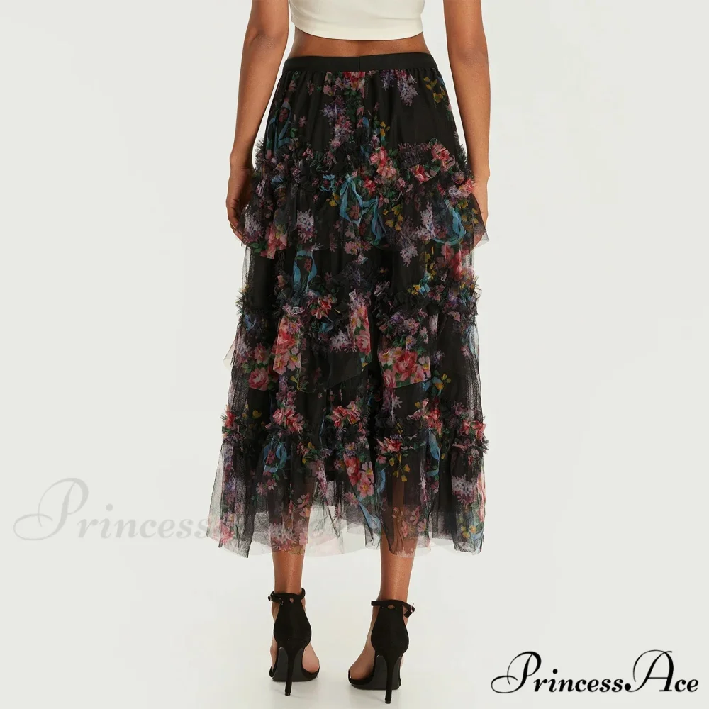 Early Autumn Floral Pattern Frill Mesh Skirt Women A-line Midi - Image 4