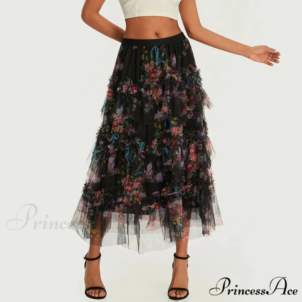 Early Autumn Floral Pattern Frill Mesh Skirt Women A-line Midi - Image 5