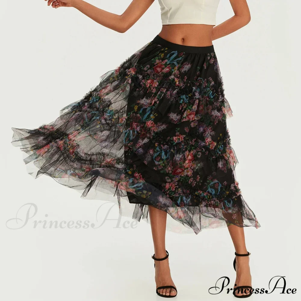 Early Autumn Floral Pattern Frill Mesh Skirt Women A-line Midi - Image 6