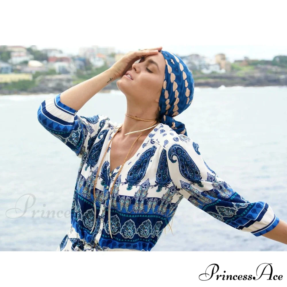Eclectic Azure Flower Pattern Plunging Neckline Cinched Waist Summer Dress - Image 3