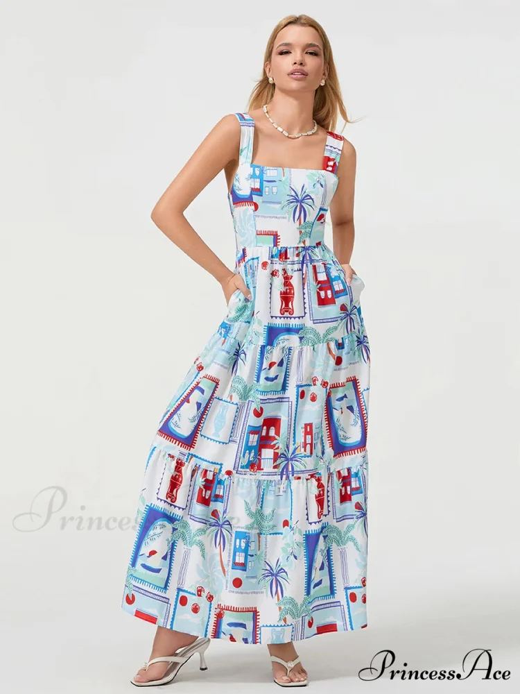 Eclectic Flower Geometric Pattern Flow Tank Square Neck Sleeveless A-Line Dress - Image 2