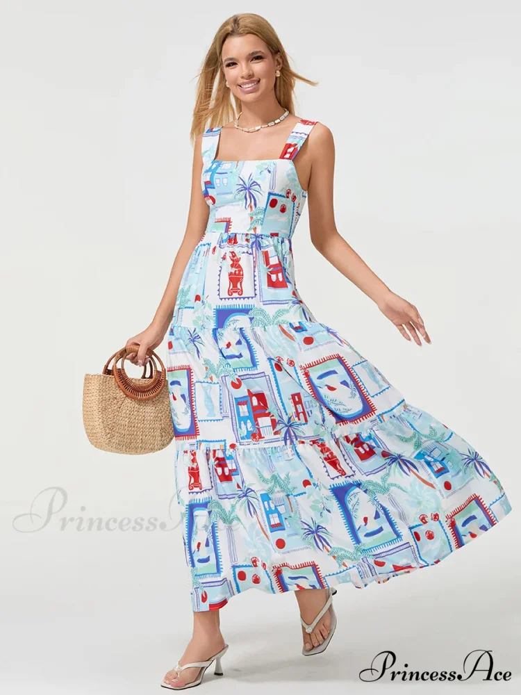 Eclectic Flower Geometric Pattern Flow Tank Square Neck Sleeveless A-Line Dress - Image 3