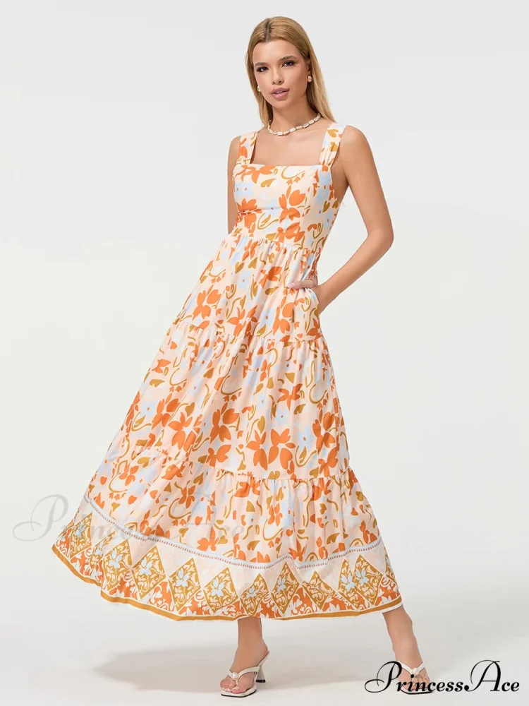 Eclectic Flower Geometric Pattern Flow Tank Square Neck Sleeveless A-Line Dress - Image 4