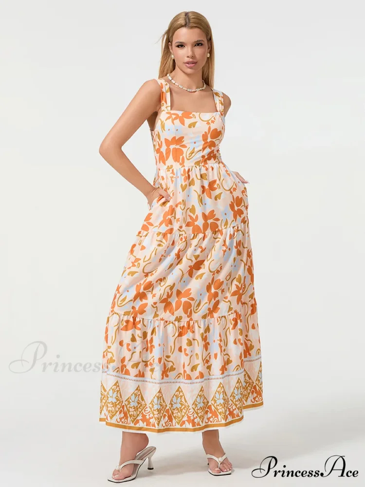 Eclectic Flower Geometric Pattern Flow Tank Square Neck Sleeveless A-Line Dress - Image 5