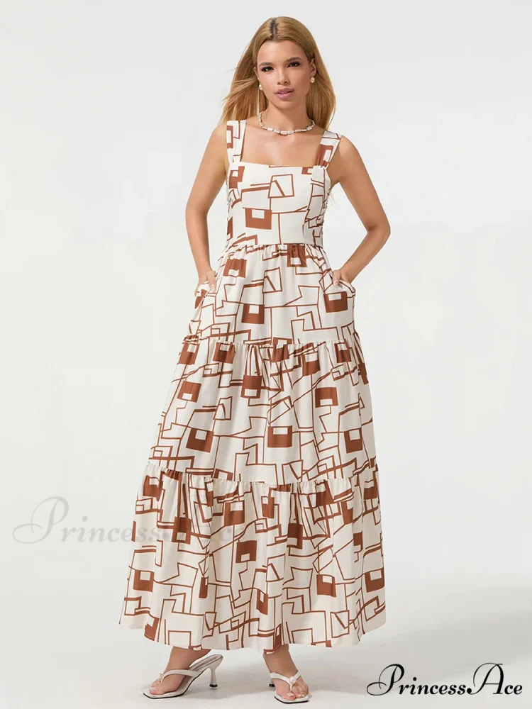 Eclectic Flower Geometric Pattern Flow Tank Square Neck Sleeveless A-Line Dress - Image 6