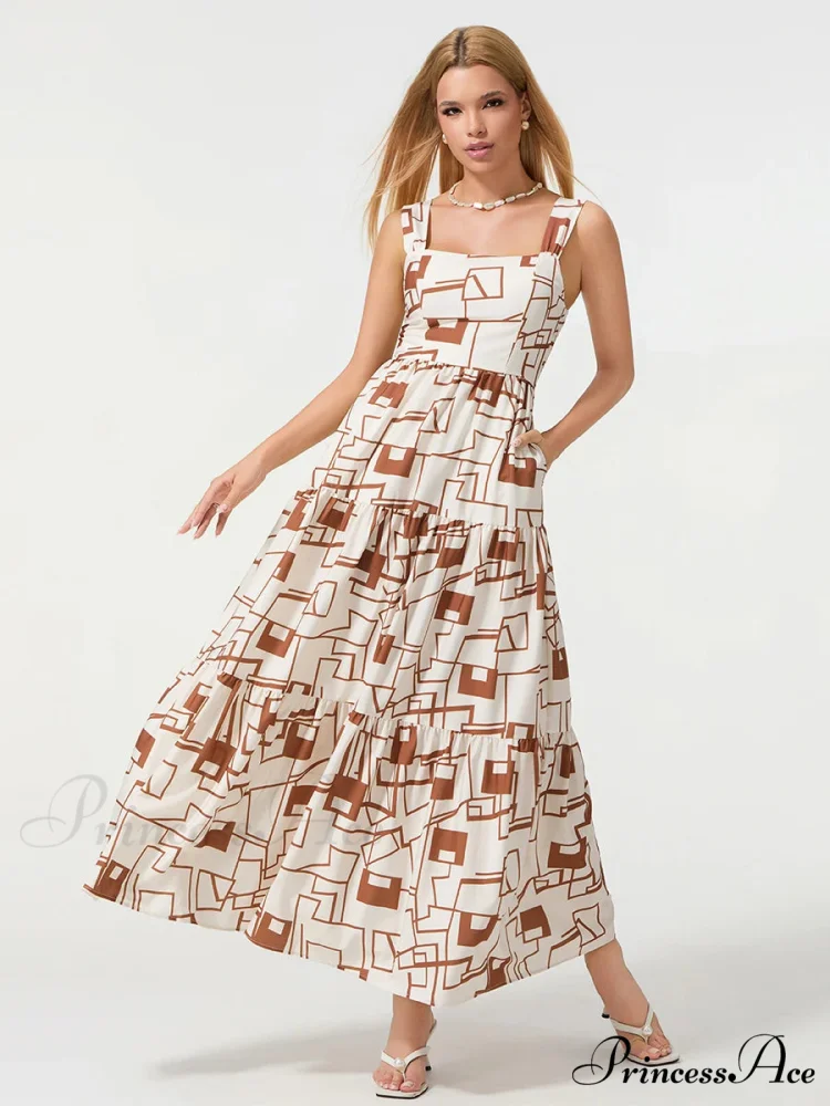 Eclectic Flower Geometric Pattern Flow Tank Square Neck Sleeveless A-Line Dress - Image 7