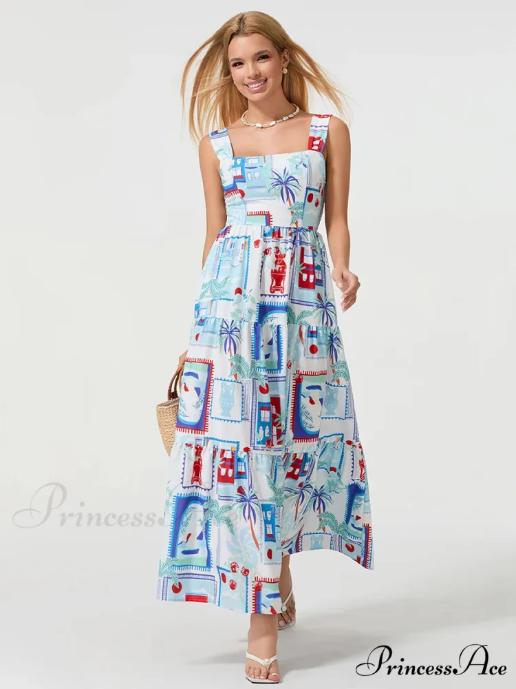 Eclectic Flower Geometric Pattern Flow Tank Square Neck Sleeveless A-Line Dress - Image 8