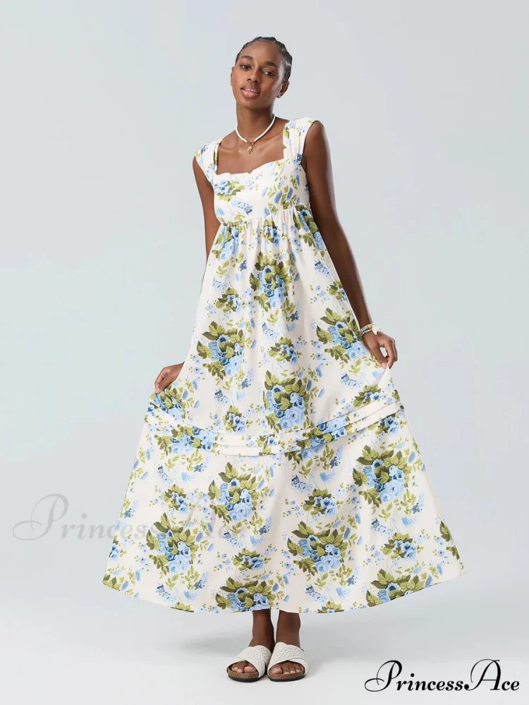 Eclectic Flower Tank Back Tied Square Neck Frilly Flowy Flower Dress - Image 2