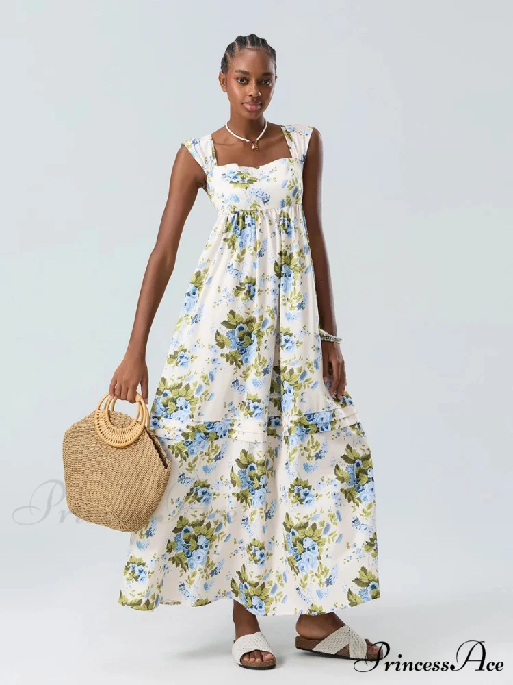Eclectic Flower Tank Back Tied Square Neck Frilly Flowy Flower Dress - Image 3