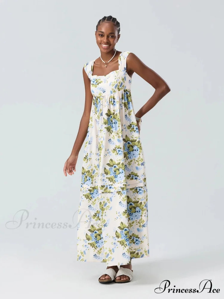 Eclectic Flower Tank Back Tied Square Neck Frilly Flowy Flower Dress - Image 4