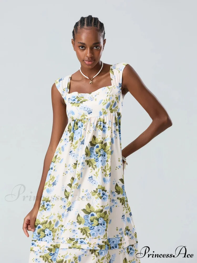 Eclectic Flower Tank Back Tied Square Neck Frilly Flowy Flower Dress - Image 5