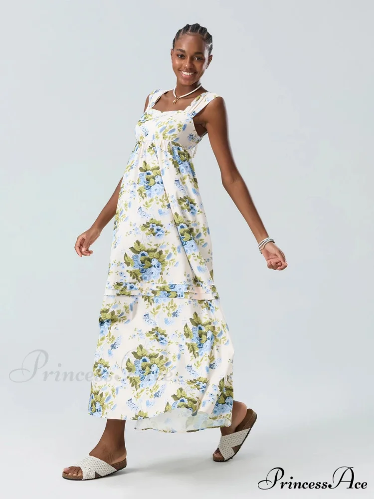 Eclectic Flower Tank Back Tied Square Neck Frilly Flowy Flower Dress - Image 6
