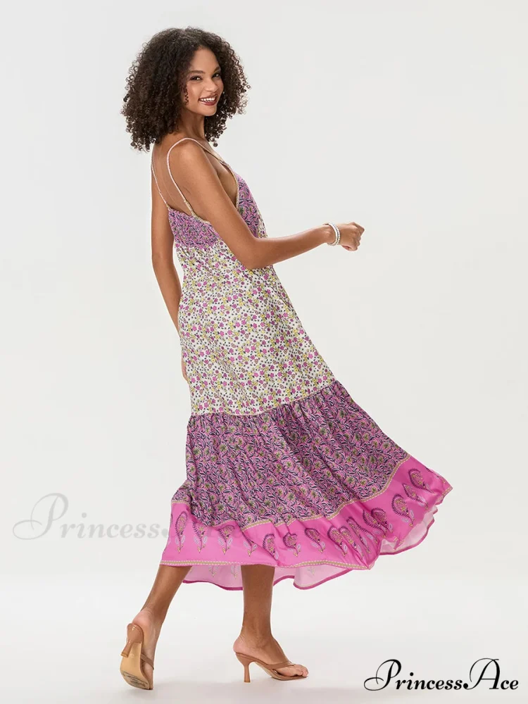 Eclectic Flowery Spaghetti Strap Gathered Floral Dress - Image 4